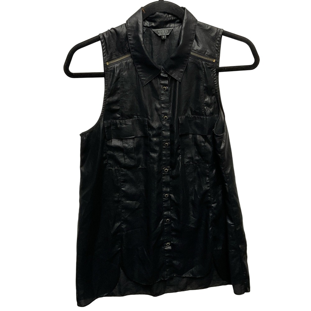 Guess Los Angeles Sleeveless Black Faux Leather Shirt Womens Size S‎